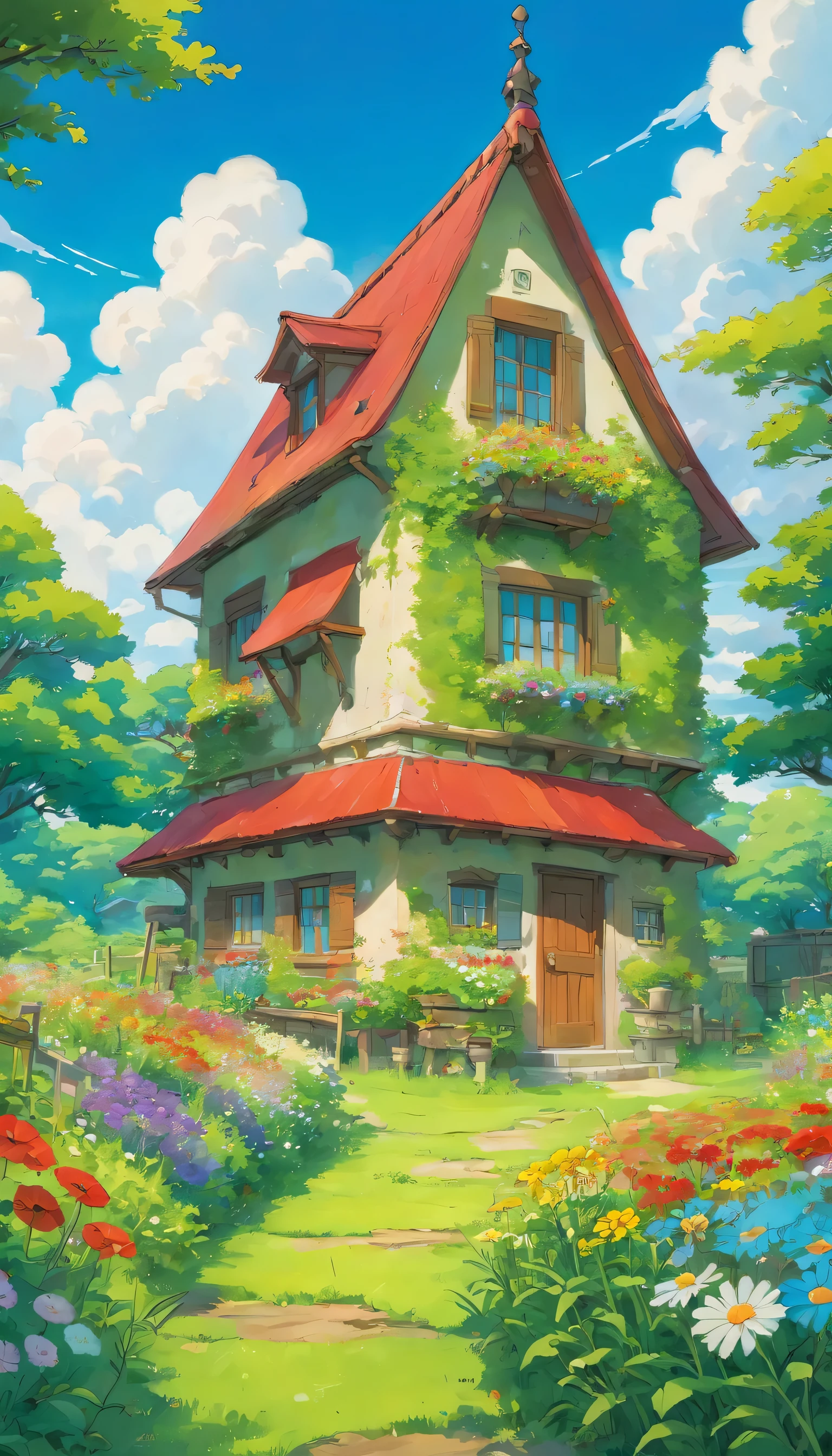 Beautiful house with red roof and vegetable garden in open fields of green grass filled with wild flowers, blue sky and white clouds, no humans 