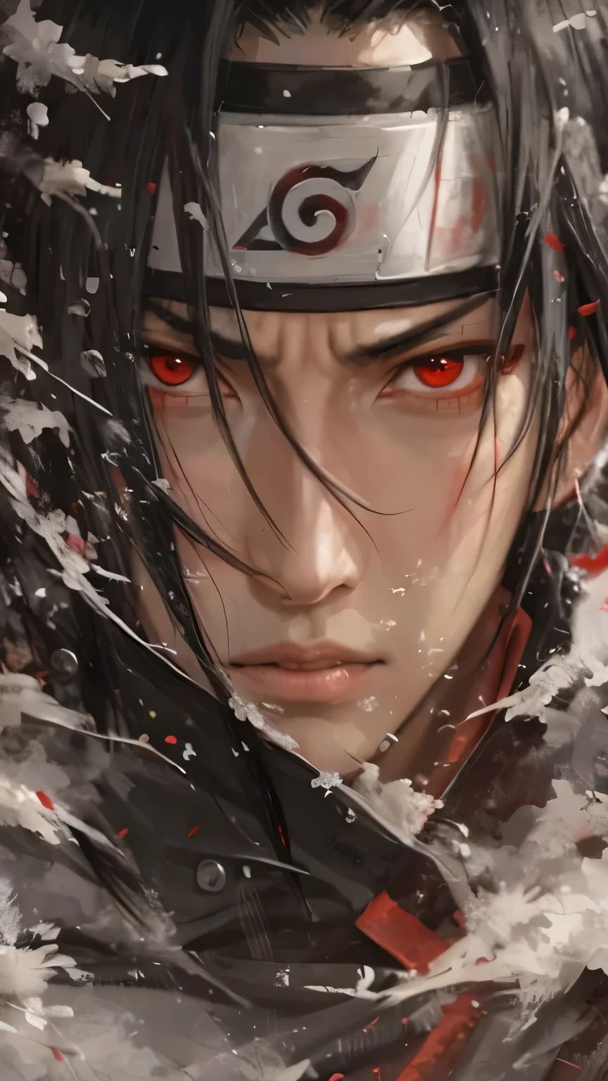 a close up of a person with a red eye and a black hair, itachi uchiha, itachi, madara uchiha, sasuke uchiha, his eyes are bleeding intense, itatchi uchiha, from naruto, by Yang J, clean detailed face photography art, his eyes are red and glowing, advanced digital face photography art ”, serene expression, hyper-realistic