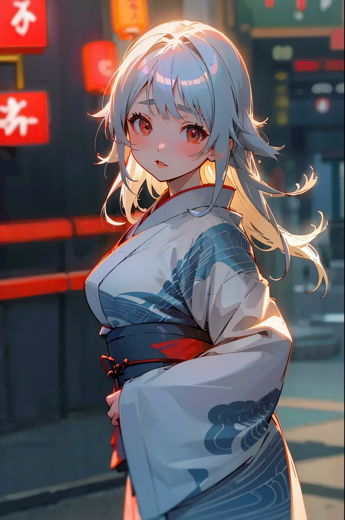 Anime Girls。kimono。Good color。Perfect Shadow。Neon Town。Silver Hair。Close-up of face。Chinatown。Ocean