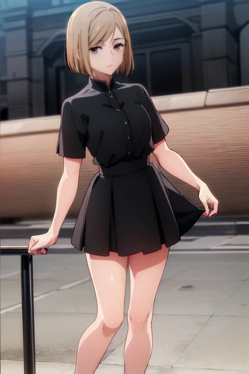 masterpiece, best quality, highres, aanobara, short hair, black dress, night ball, smile, short brown hair, brown eyes, sexy, rich, add a boyfriend with blonde hair, tall, handsome