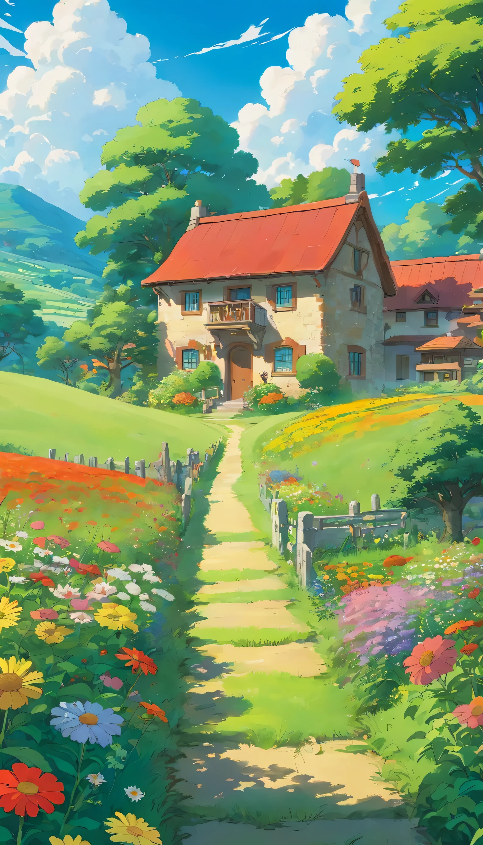 Beautiful house with red roof and vegetable garden in open fields of green grass filled with wild flowers, blue sky and white clouds, no humans