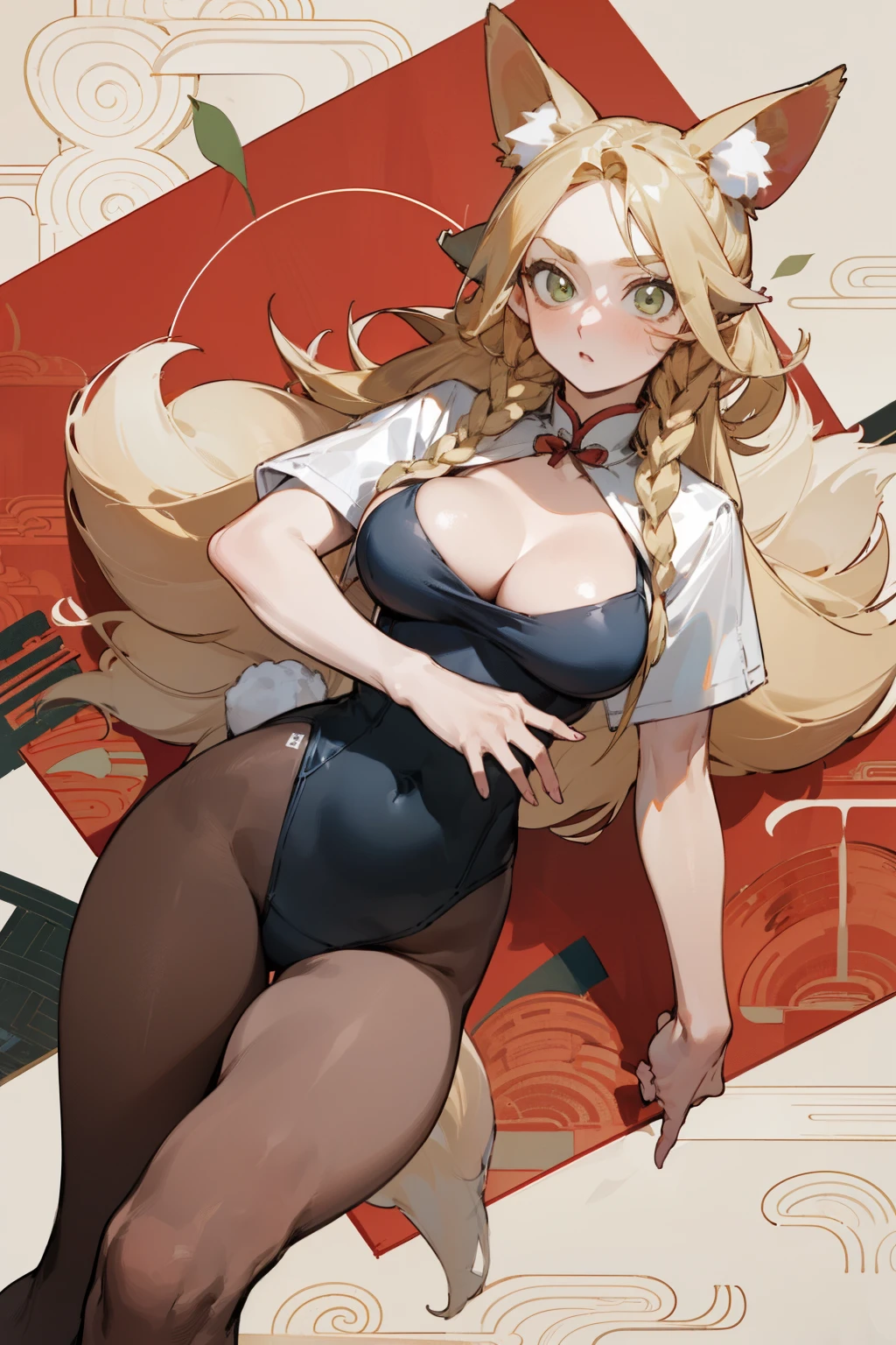 (masterpiece, best quality) detailed, Wearing black tights , Blonde ,elegant, (Fox ears)，Red Eyeshadow, Chinese element pattern，thigh，漏出thigh，White shirt，Deep V one-piece swimsuit，Large Breasts，Bunny Girl