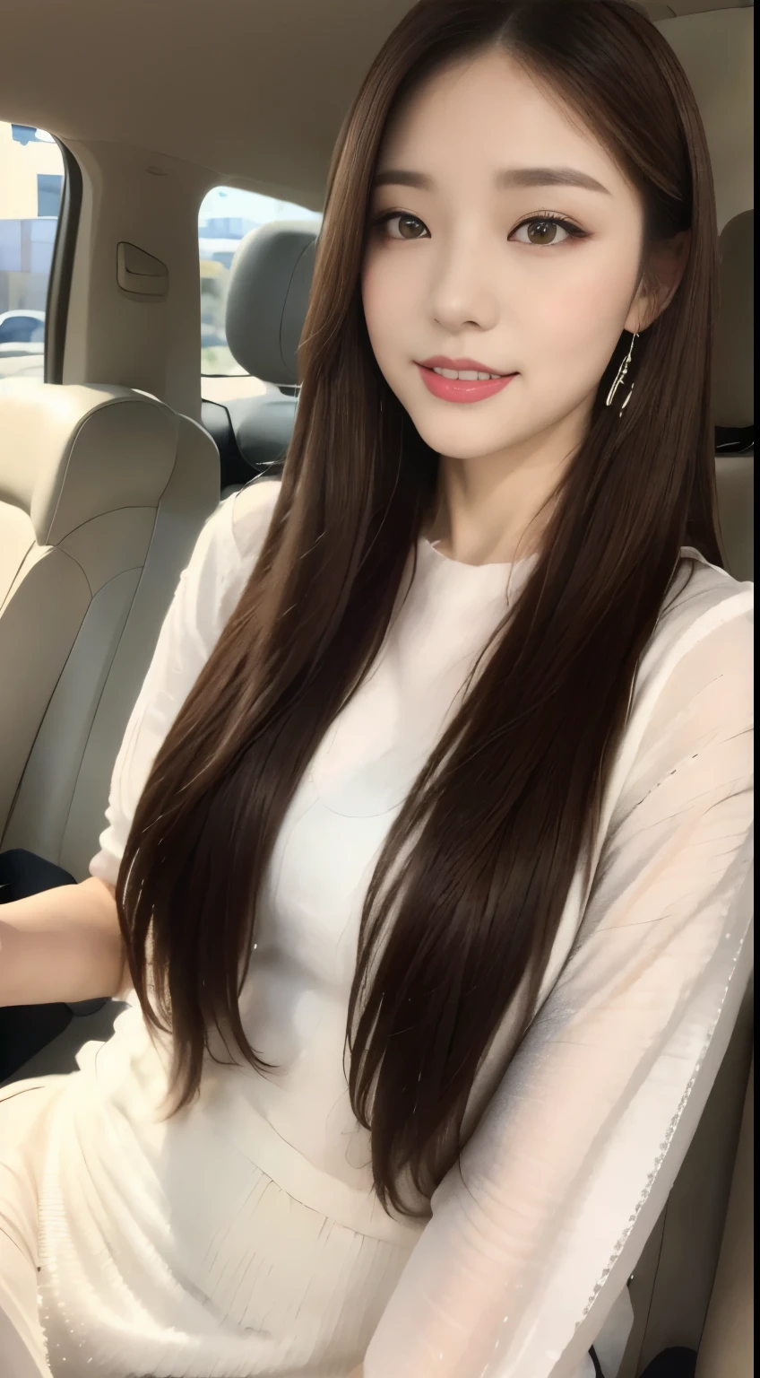 ((highest quality, 8k, masterpiece :1.3)), One girl, Open your mouth, Very attractive smile:1.2, Red lipstick:1.2,Slim face, Beautiful woman, Big Breasts:1.3, Highly detailed face, double eyelid,  Blur the background, Slim face, city, sunny, null, nature,Inside the car,While driving,looking at the camera,White loose blouse,Purple tight skirt,(masterpiece: 1.3), (Maximum resolution: 1.4), (Ultra high definition: 1.2), Cinematic Light, Ultra high definition, (Detailed eyesと肌), (Detailed facial features), 8k resolution, Perfect Style, Beautiful expression、Highly detailed face and skin texture、Detailed eyes、Glitter Eyeliner:1.2、Thin cheeks、((Pure white skin:1.4)),Glossy Lips:1.2、((Full Body Shot:1.2)),(Straight Hairstyles、Light brown hair)、One-length long hair、175cm,From above