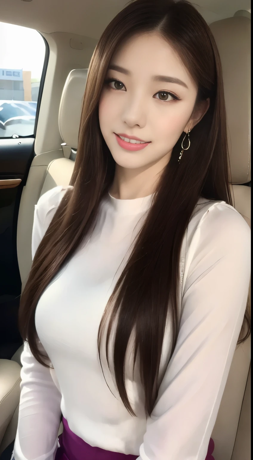 ((highest quality, 8k, masterpiece :1.3)), One girl, Open your mouth, Very attractive smile:1.2, Red lipstick:1.2,Slim face, Beautiful woman, Big Breasts:1.3, Highly detailed face, double eyelid,  Blur the background, Slim face, city, sunny, null, nature,Inside the car,While driving,looking at the camera,White loose blouse,Purple tight skirt,(masterpiece: 1.3), (Maximum resolution: 1.4), (Ultra high definition: 1.2), Cinematic Light, Ultra high definition, (Detailed eyesと肌), (Detailed facial features), 8k resolution, Perfect Style, Beautiful expression、Highly detailed face and skin texture、Detailed eyes、Glitter Eyeliner:1.2、Thin cheeks、((Pure white skin:1.4)),Glossy Lips:1.2、((Full Body Shot:1.2)),(Straight Hairstyles、Light brown hair)、One-length long hair、175cm,From above