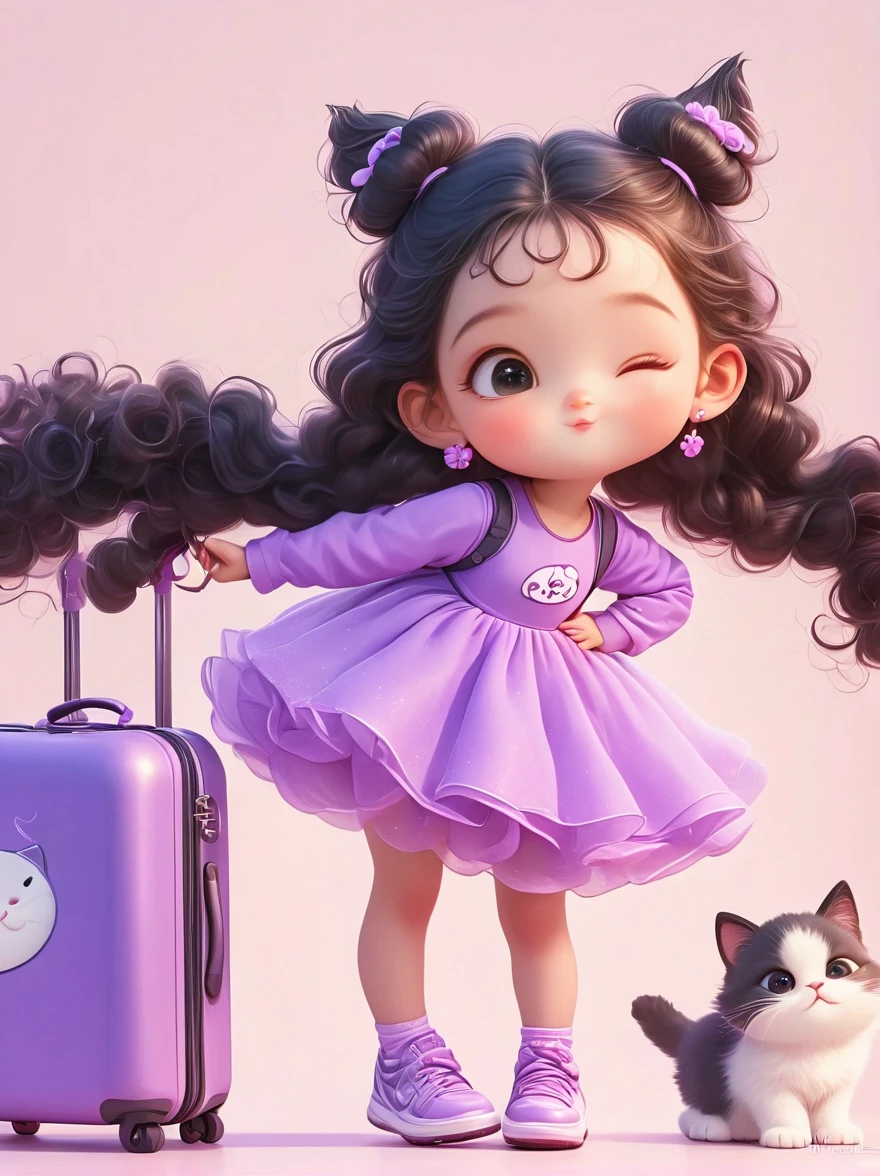 Full body portrait, cute baby girl (six years old, long curly black hair ,fluffy,long eyelashes,round and chubby face,purple dress) ,pulling the suitcase, a cat,smile,Soft light,in the art of kawaii pop culture icons, digital airbrushing,high quality, smooth lines, cartoon style,trending on Instagram, ultrarealistic,Soft light, natural lighting, in the style of 2d game art, an flat illustration poster ,HD, 8k