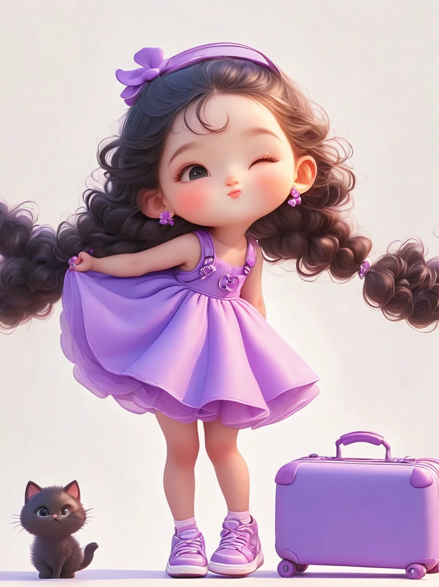 Full body portrait, cute baby girl (six years old, long curly black hair ,fluffy,long eyelashes,round and chubby face,purple dress) ,pulling the suitcase, a cat,smile,Soft light,in the art of kawaii pop culture icons, digital airbrushing,high quality, smooth lines, cartoon style,trending on Instagram, ultrarealistic,Soft light, natural lighting, in the style of 2d game art, an flat illustration poster ,HD, 8k