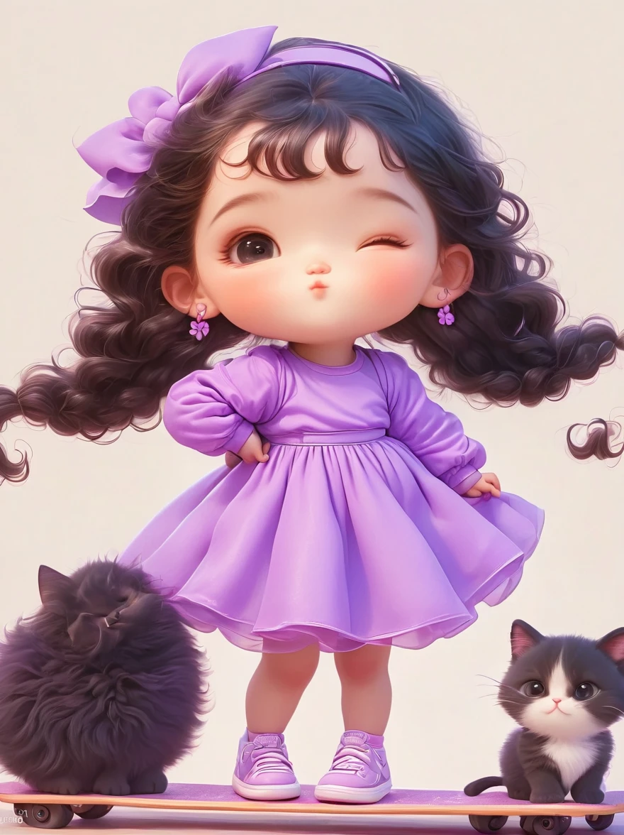 Full body portrait, cute baby girl (six years old, long curly black hair ,fluffy,long eyelashes,round and chubby face,purple dress) ,pulling the suitcase, a cat,smile,Soft light,in the art of kawaii pop culture icons, digital airbrushing,high quality, smooth lines, cartoon style,trending on Instagram, ultrarealistic,Soft light, natural lighting, in the style of 2d game art, an flat illustration poster ,HD, 8k