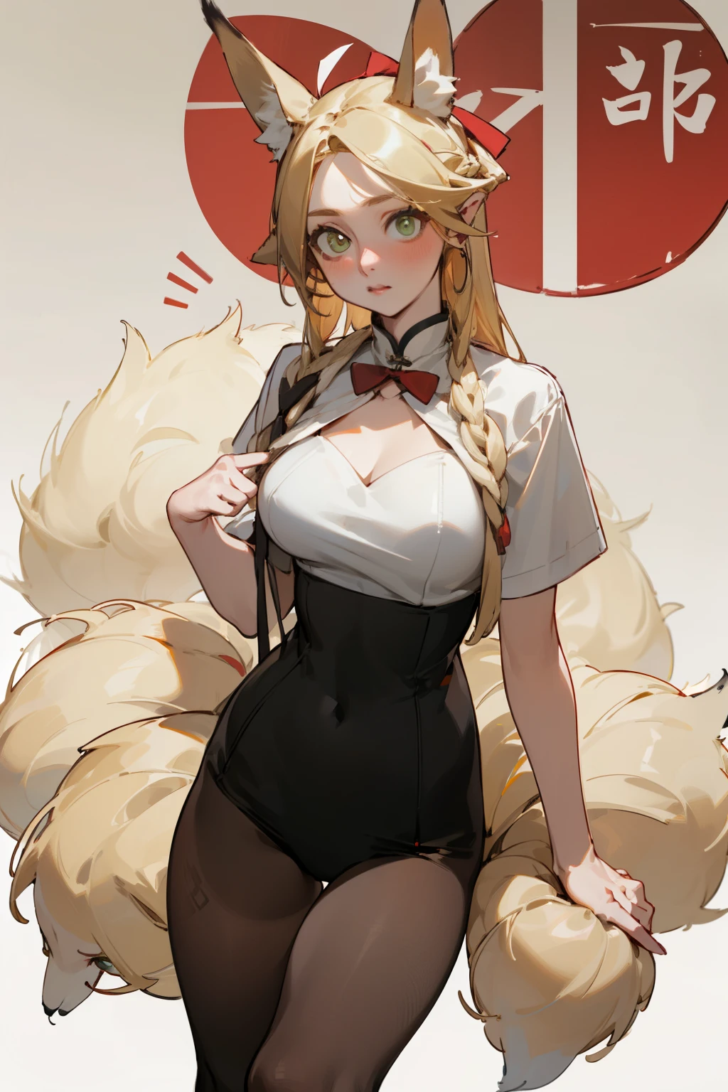 (masterpiece, best quality) detailed, Wearing black tights, Blonde ,elegant, (Fox ears),Red Eyeshadow, ,Chinese element pattern,thigh,漏出thigh,White shirt,Deep V one-piece swimsuit