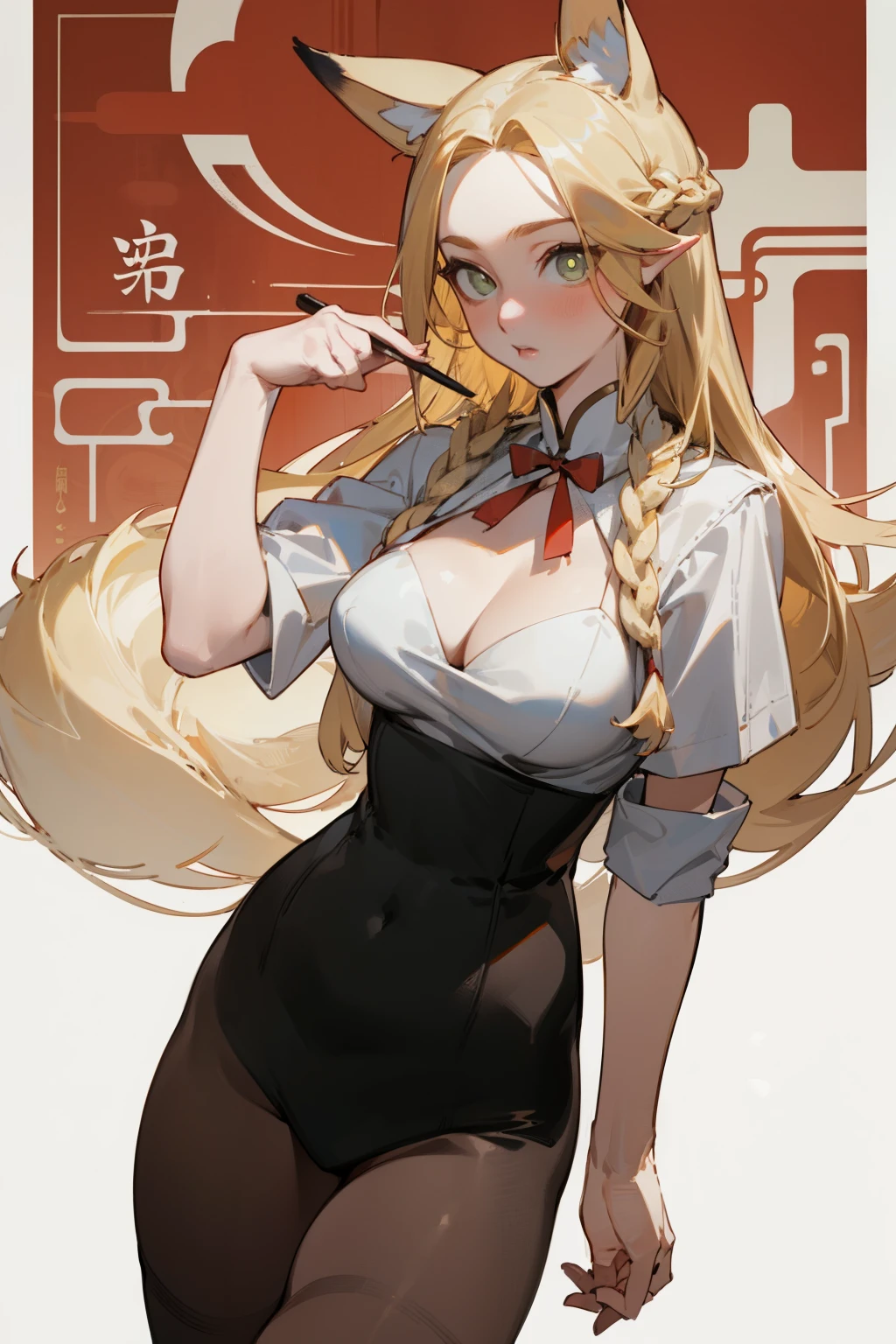 (masterpiece, best quality) detailed, Wearing black tights , Blonde ,elegant, (Fox ears)，Red Eyeshadow, Chinese element pattern，thigh，漏出thigh，White shirt，Deep V，Large Breasts，Bunny Girl