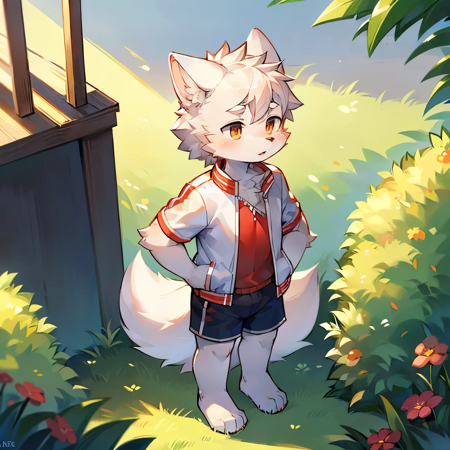Samoyed boys,little boy,furry men,Male focus,One meter three height,Short stature,Characteristics of three-year-old boy,Cute appearance,Summer short sleeves with jacket,shorts,Standing,outdoor bright background