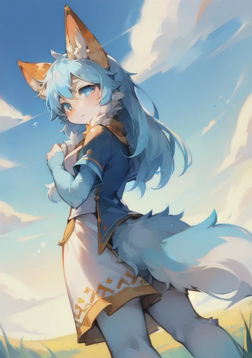 Fluffy, Lovely, woman, Blue fur, Small amount of orange fur, Light blue pupils, Pure white ears，Ear tip orange，Sky blue tail, Tail tip orange, Good shape, Bright sky, cloud, grassland, Solitary, 在grassland上