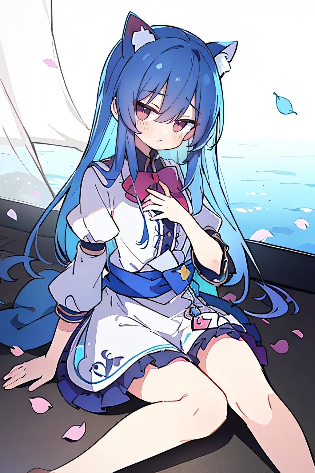 (masterpiece:1.2),ultra-detailed,realistic,expressive eyes,fair-skinned,perfectly shaped face,1girl,
Japanese cartoons,Gorgeous blue hair, flowing blue hair,floating clothes,cat ears,petals falling,beautiful Lola,Hina Angel,
hands on waist,gracefully sitting on the ground,legs crossed,gentle and serene background,cool and comfortable pavilion,shy face ,night .