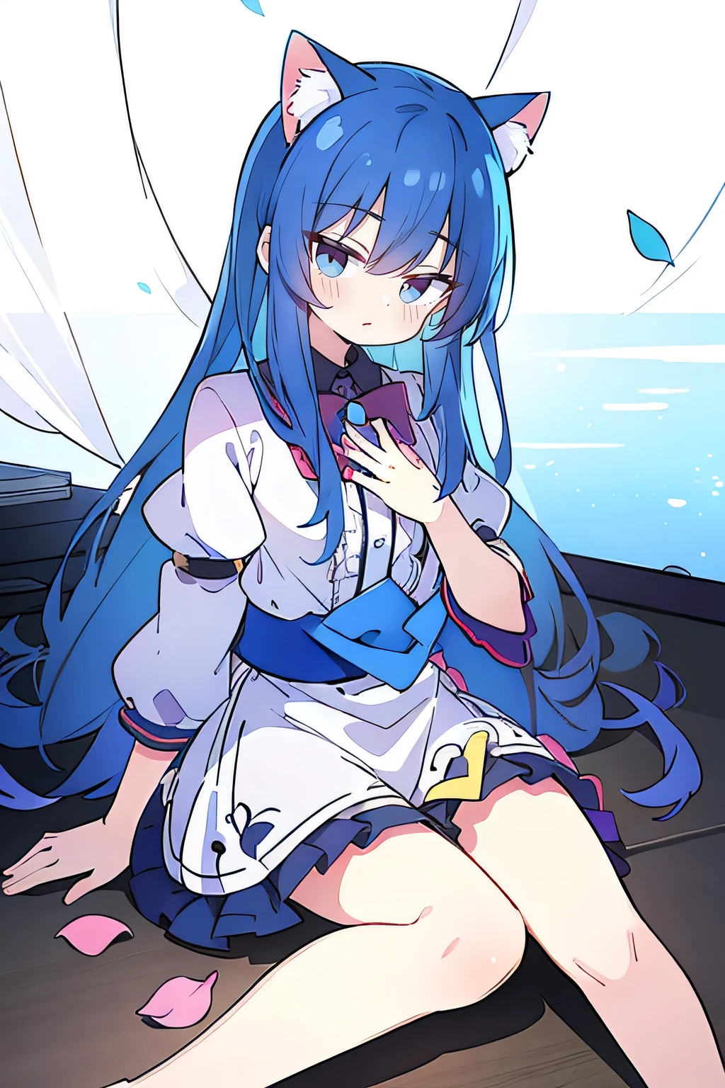 (masterpiece:1.2),ultra-detailed,realistic,expressive eyes,fair-skinned,perfectly shaped face,1girl,
Japanese cartoons,Gorgeous blue hair, flowing blue hair,floating clothes,cat ears,petals falling,beautiful Lola,Hina Angel,
hands on waist,gracefully sitting on the ground,legs crossed,gentle and serene background,cool and comfortable pavilion,shy face ,night .