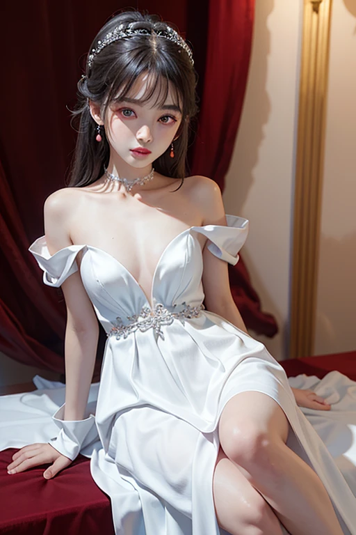 、woman、whole body、 Red eyes, Iris, Pupil orange、White gorgeous dress、party
