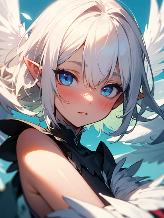 Masterpiece, best quality, expressive eyes, perfect face, 1girl, solo, wings, feathers, monster girl, harpy, winged arms, blush, pointy ears, white hair, feathered wings,