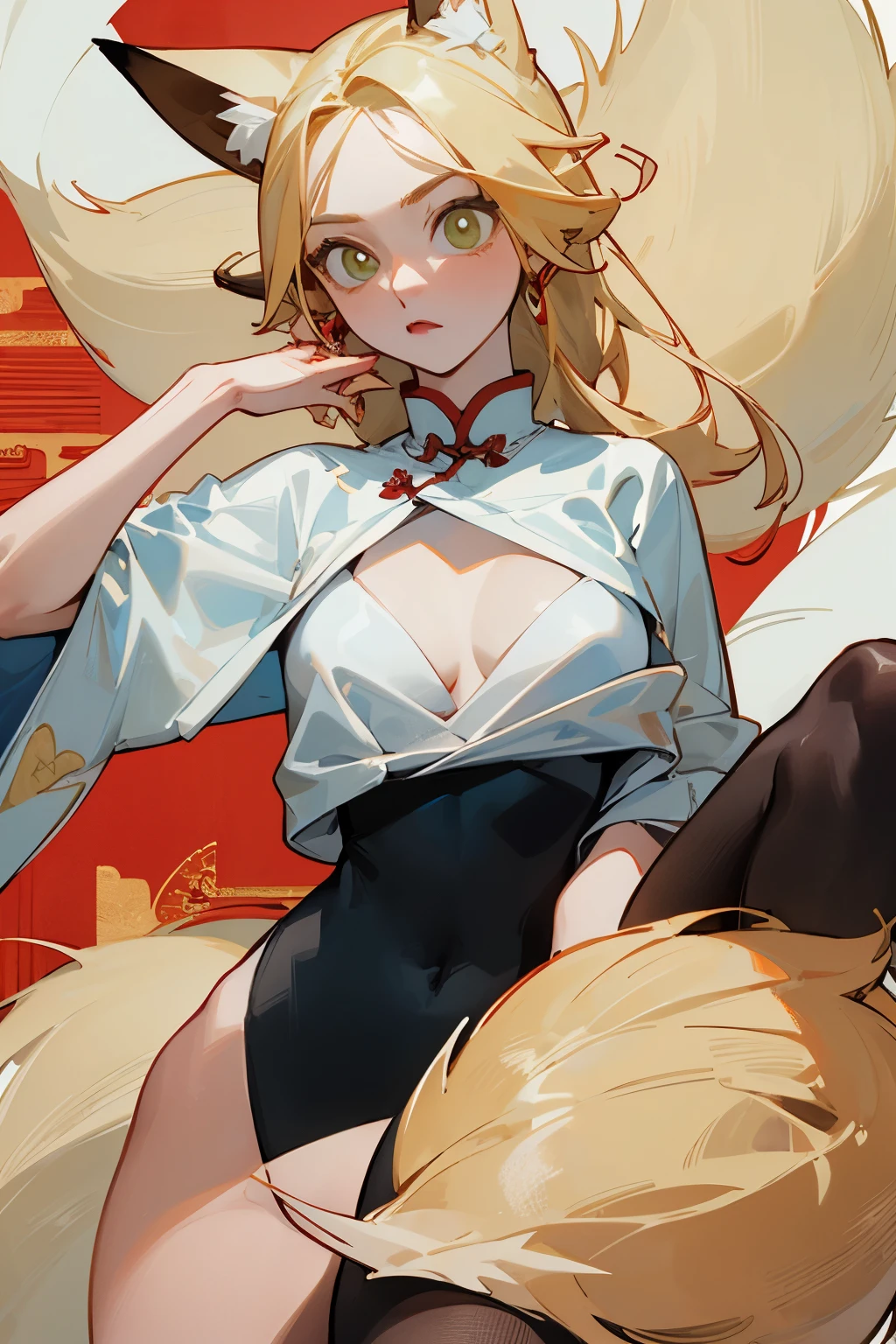 (masterpiece, best quality) detailed, Wearing black tights , Blonde ,elegant, (Fox ears),Red Eyeshadow, Chinese element pattern,thigh,漏出thigh,White shirt,Deep V one-piece swimsuit,
