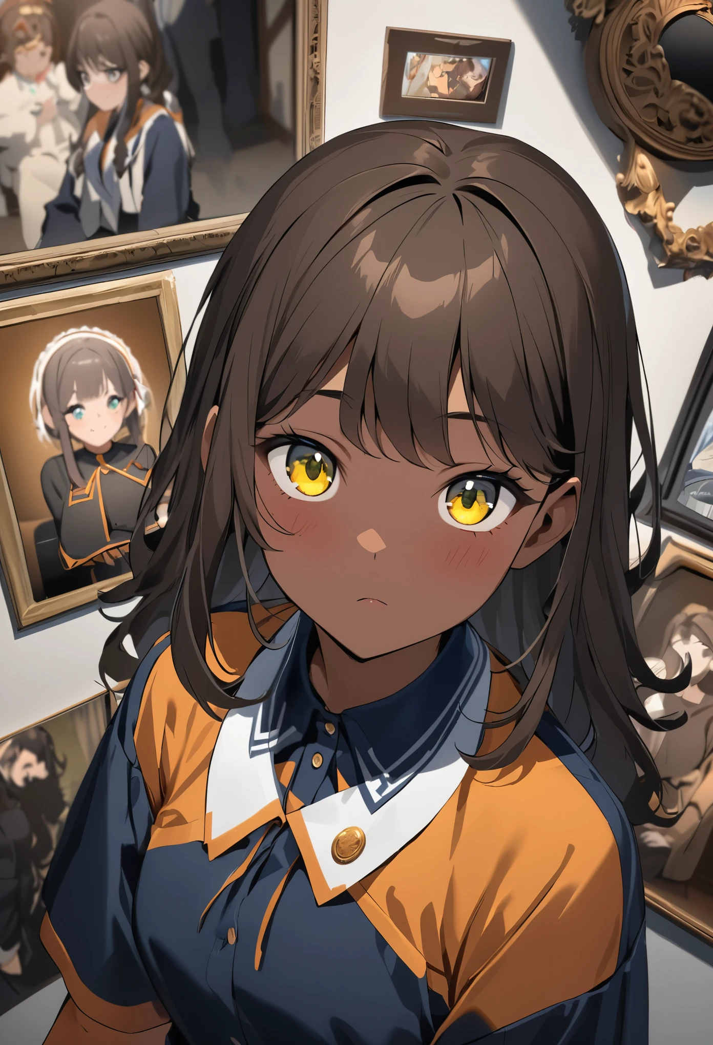 Photograph of a 17-year-old woman, cara redonda un poco alargada, ojos negros y almendrados, straight brown hair dark skin 