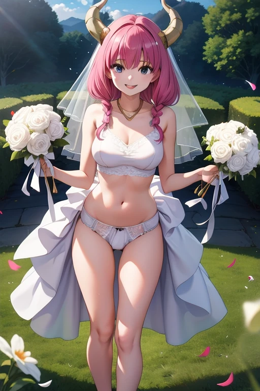 masterpiece, best quality, highres, aura,Two horns,wedding dress, white dress, garden, holding bouquet, confetti,Shoulder Bare、midriff peek、bare legs、very Long veil、(She showed off her white panties:1.5)、Open your mouth、smile、((Glowing Skin))、cameltoe、