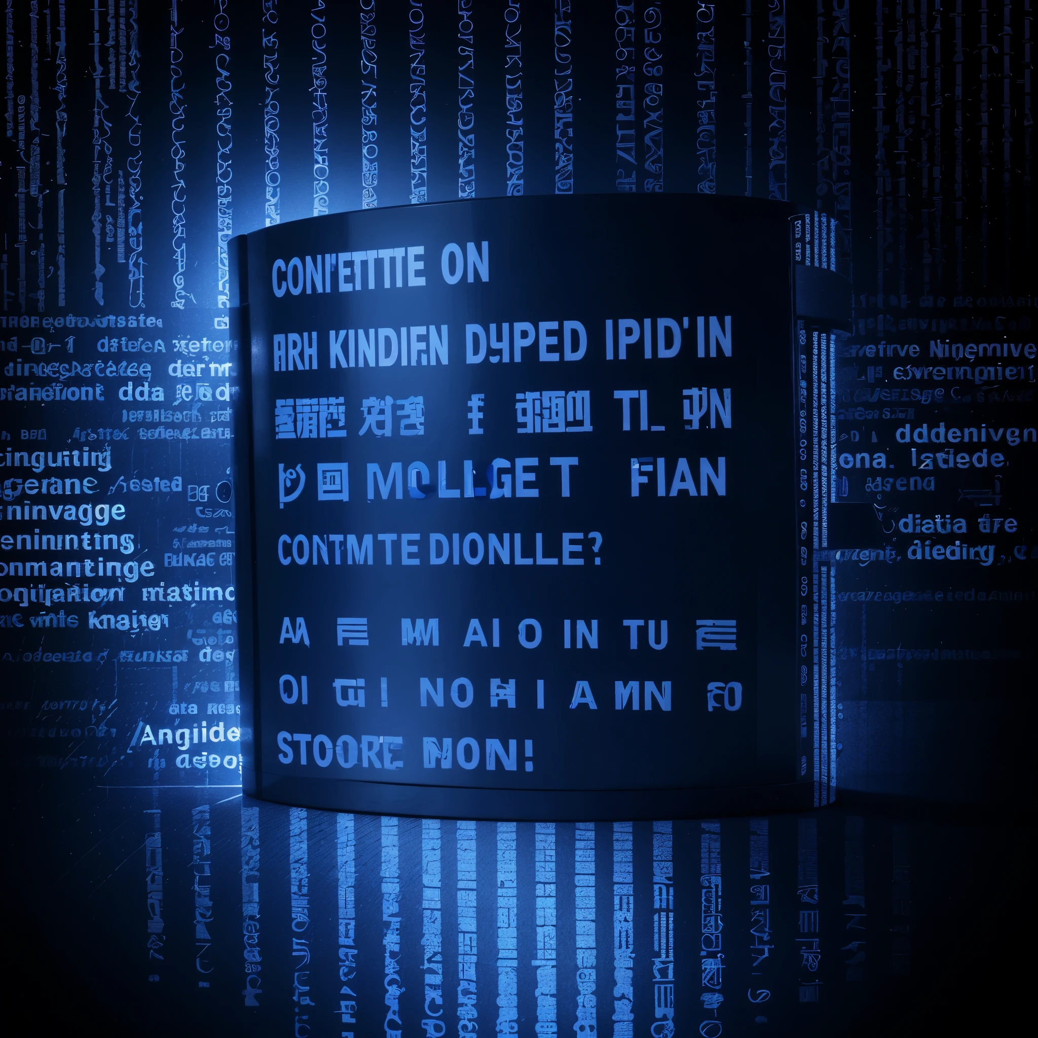 A word cloud with navy blue background contining random words from data management like AI, DataOps, management, obsrevability, metadata. the image should represnt knowledge and self discovery. Use english words only. The words should be legible and clear.