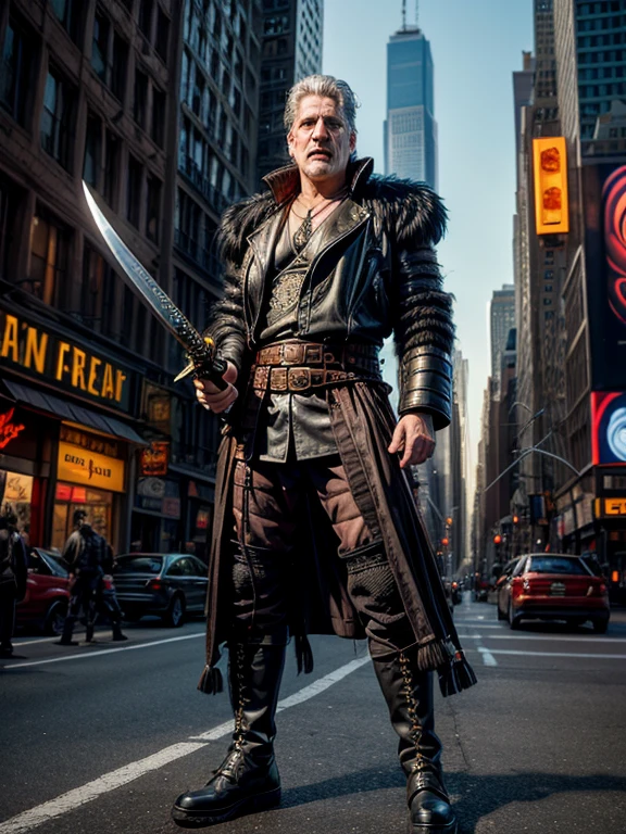 ((26 years old Clancy Brown))as Victor Kurgan the Immortal Highlander from Caucasian Kurgans, 80's mohawk punk rock star hair style, stands in a middle of New York City with his gigantic long sword waiting for someone to come, ultra sharp and crisp, oil on canvas painting in Don Lawrence art style