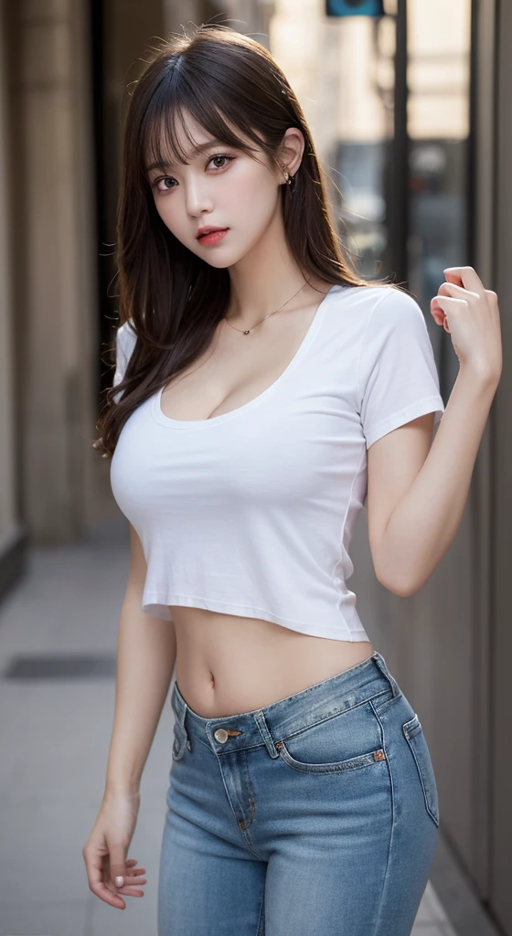 masterpiece, best quality, illustration, ultra-detailed, finely detail, highres, 8k wallpaper, perfect dynamic composition, beautiful detailed eyes, natural lip, white t-shirts , short denim pants , big breasts, cleavage, full body, navel baring