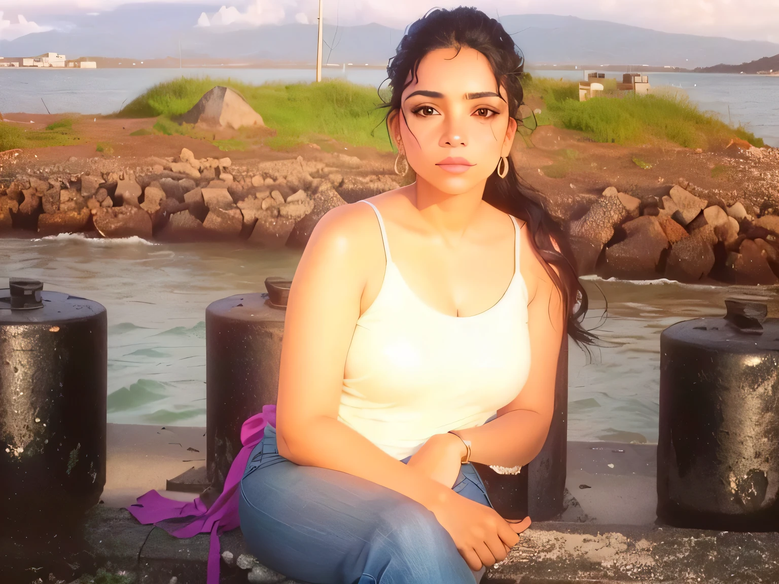 There is a beautiful woman with black hair sitting in a port room near the water, she is wearing a white tank top with her shoulders seductively exposed, filtered image, by Gina Pellón, around 25 years old, Lorena Avarez, image from the front, on the shore of the water, filtered photo, inspired by Gina Pellón, karla ortiz, an artistic pose, 30-year-old Cuban woman, artistic pose, profile photo