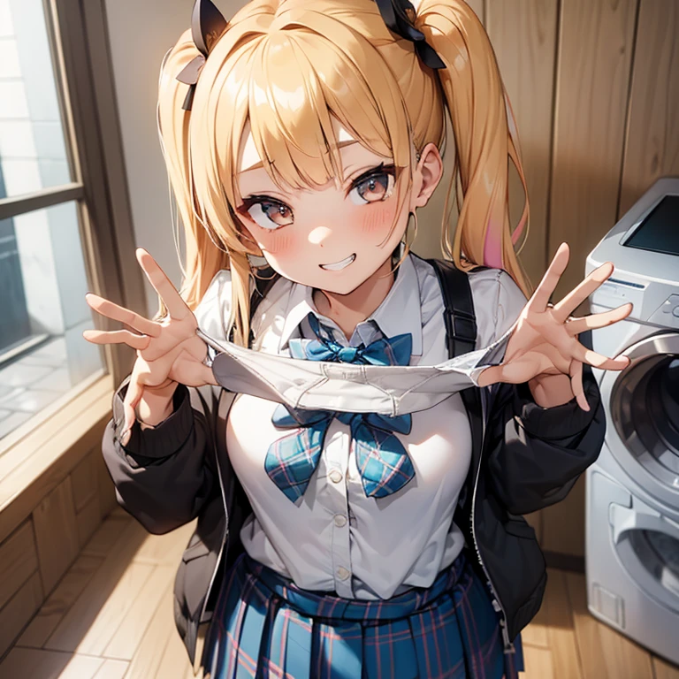 One girl,
Laundry room, Laundry basket, a few underwears are in a Laundry basket,
Blonde, {{{Half Twin Tail:1.3}}}、break,Improve, shirt, Plaid, bow, blush, white shirt, hair ornaments, Manicure, Plaid skirt, bowtie, Pleated skirt, Multicolored Hair, Blue Skirt, jewelry, Kogal, bracelet, collared shirt, sweater around waist, Hair Clip, bangs, Jacket around waist, Long sleeve, Jacket, sweater, Plaid bowtie
,Upper Body,,Pay attention to the panties,Quality underwear,
Look down,View your viewers,
Panties as a gift,
Tabletop, highest quality, , Absurd, Perfect Skin, Detailed skin texture, Ultra-detailed, 8k, Intricate details, Beautifully detailed face,High resolution,
{{{Shadowed face}}}, mock, {{{Grit your teeth:1.2}}}, Grin, smile, Looking down at the viewer, masterpiece,Absurd, Beautiful detailed face when viewed from the front,