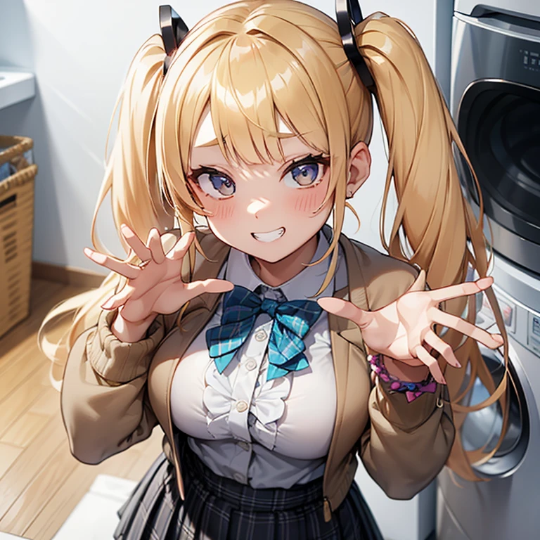 fellatio gesture,fingers around tongue
naughty smile,mock,troubled face, disgusting, disdaining,
gyaru, collarbone, bow, loose bowtie, white shirt, collared shirt, long sleeves, bracelet, wrist scrunchie,blue skirt, pleated skirt,
clothes around waist,