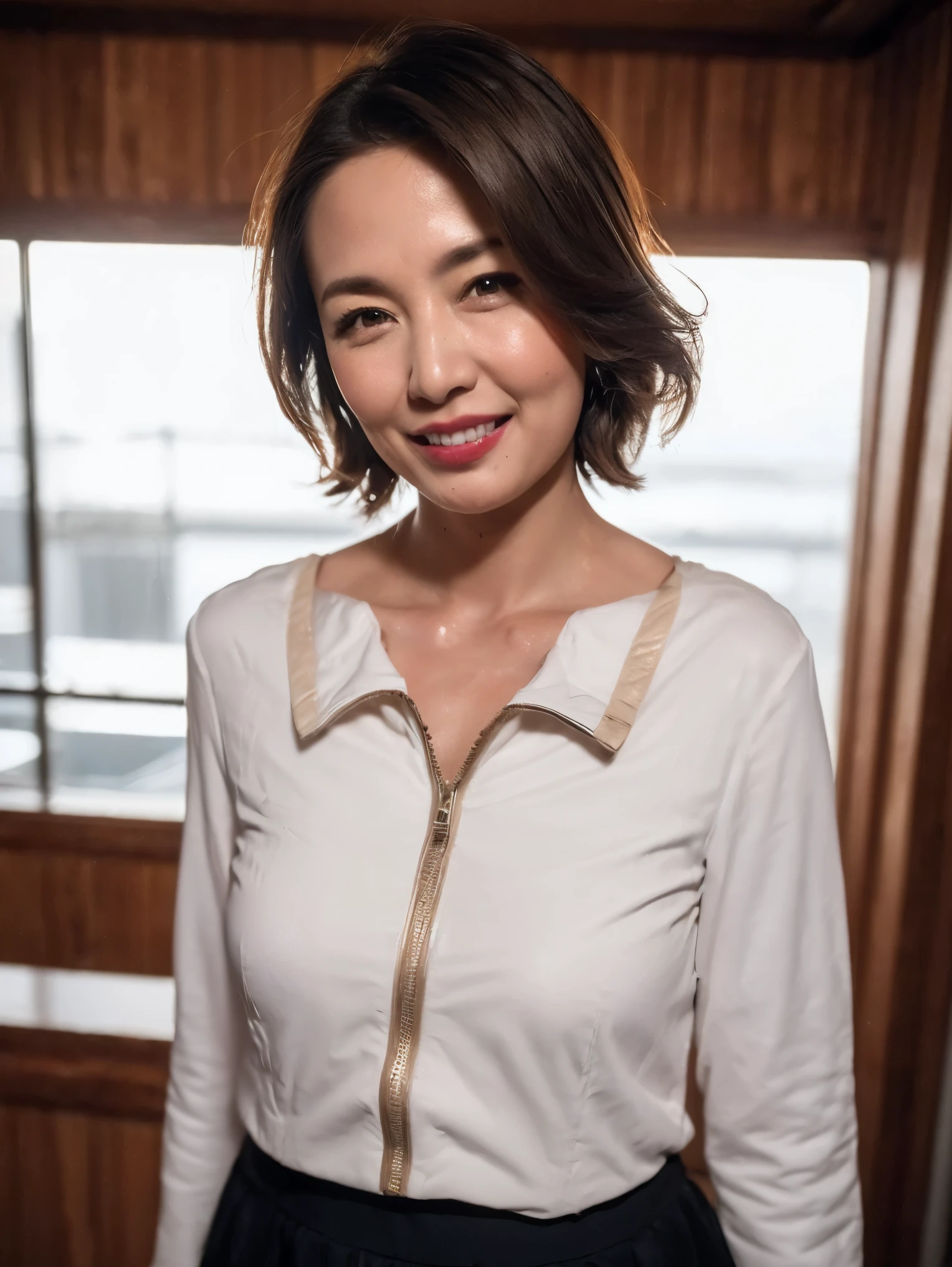 masterpiece,highest quality, (1 milf、38 years old), ((close:0.5)), night, wool jacket,(genuine leather tight skirt)、 white shirt, double eyelid, eyelash, lip gloss, (smile:1), ((close your eyes:0.85)), ((looking at the viewer、The whole body is shown、Are standing)), born, (From above:0.2), ((no one)), (office)、Depth of bounds written、Pointy red mouth、(short hair of reddish-brown color wet and shiny,,,,,,,,,),red mouth,clavicle、full body portrait、digital illustration, (Photoreal:1.3),(RAW photo.)