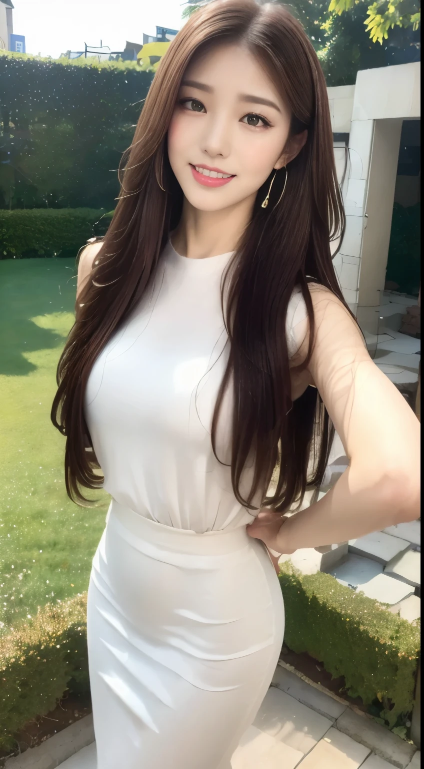 ((highest quality, 8k, masterpiece :1.3)), One girl, Open your mouth, Very attractive smile:1.2, Red lipstick:1.2,Slim face, Beautiful woman, :1.3, Highly detailed face, double eyelid,  Blur the background, Slim face, city, sunny, null, nature,garden,hydrangea,looking at the camera,White loose blouse,Purple tight skirt,(masterpiece: 1.3), (Maximum resolution: 1.4), (Ultra high definition: 1.2), Cinematic Light, Ultra high definition, (Detailed eyesと肌), (Detailed facial features), 8k resolution, Perfect Style, Beautiful expression、Highly detailed face and skin texture、Detailed eyes、Glitter Eyeliner:1.2、Thin cheeks、((Pure white skin:1.4)),Glossy Lips:1.2、((Full Body Shot:1.2)),(Straight Hairstyles、Light brown hair)、One-length long hair、175cm,From above