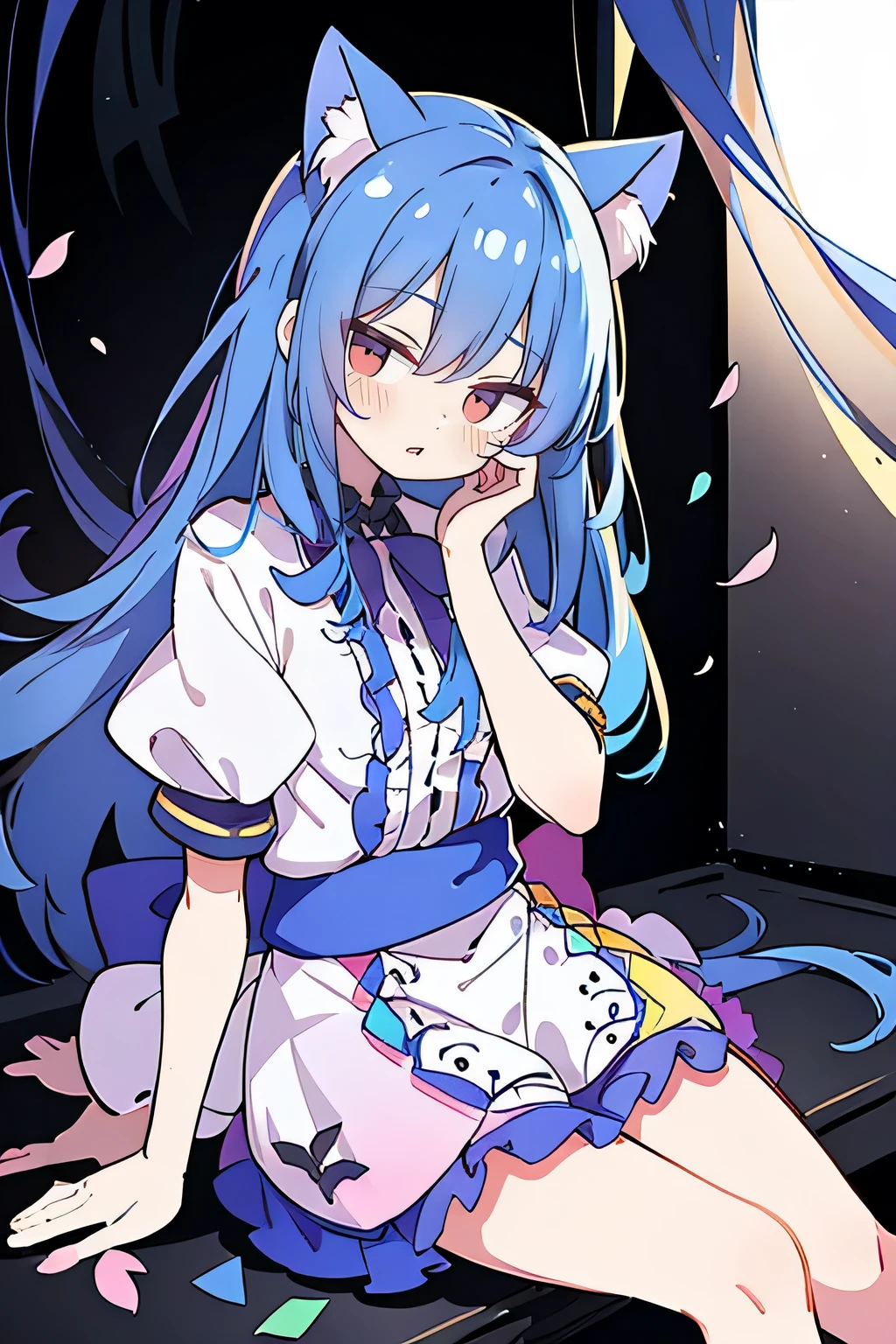 (masterpiece:1.2),ultra-detailed,realistic,expressive eyes,fair-skinned,perfectly shaped face,1girl,
Japanese cartoons,Gorgeous blue hair, flowing blue hair,floating clothes,cat ears,petals falling,beautiful Lola,Hina Angel,
hands on waist,gracefully sitting on the ground,legs crossed,gentle and serene background,cool and comfortable pavilion,shy face ,night .
