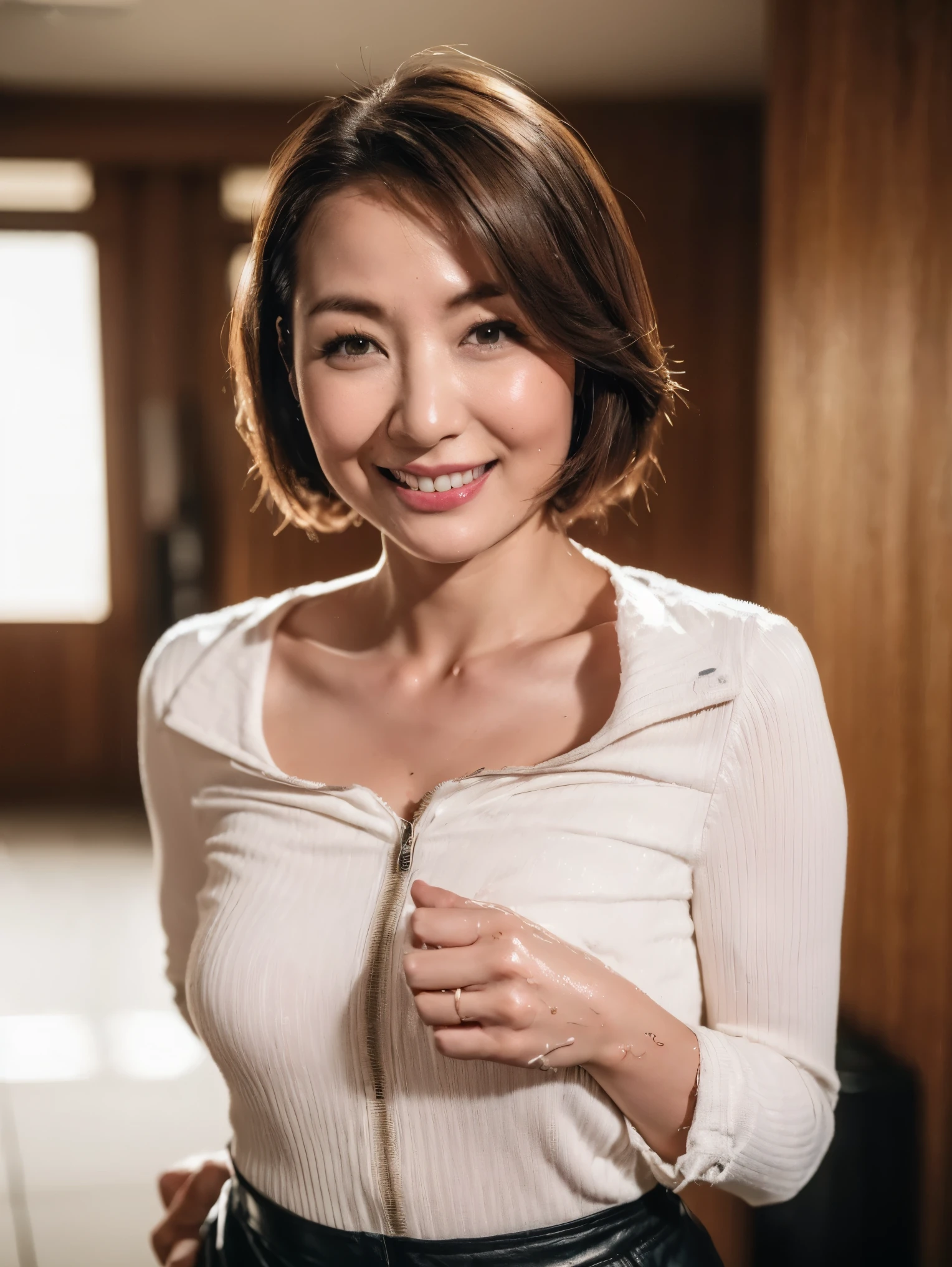 masterpiece,highest quality, (1 milf、38 years old), ((close:0.5)), night, wool jacket,(genuine leather tight skirt)、 white shirt, double eyelid, eyelash, lip gloss, (smile:1), ((close your eyes:0.85)), ((looking at the viewer、The whole body is shown、Are standing)), born, (From above:0.2), ((no one)), (office)、Depth of bounds written、Pointy red mouth、(short hair of reddish-brown color wet and shiny,,,,,,,,,),red mouth,clavicle、full body portrait、digital illustration, (Photoreal:1.3),(RAW photo.)