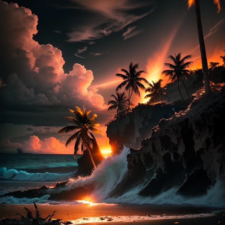 Glowing sea with bright clouds shining on a black sand beach with palm trees