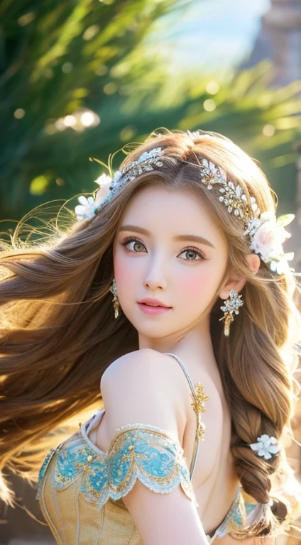 Detailed face, Detailed hair, Beautiful Face,, Very long hair, ((Random Hairstyles:1 )) , Anime Eyes, White skin , Elf Girl, Riding a big cat,
, fine hair ornaments , Beautiful background, Masterpiece landscape