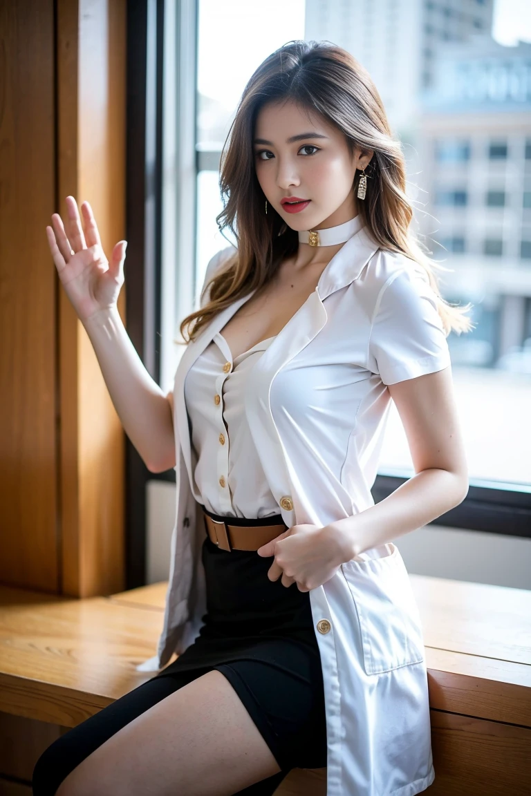 8K,high resolution,Masterpiece, best quality, alone, complicated details, Chromatic aberration), realistic, ((Moderate breath)), hair in one eye,purple eyes, round hoop earrings, sharp eyes, Diamond-encrusted choker, (symmetrical eyes),(Perfect symmetrical body),Photo of a beautiful 21 year old age girl,(fit the body), ,Beautiful and charming with contemporary fashion paintings as well...., looking at the audience, ((In the background of a large classroom)), (black short skirt), ((The young woman wore a form-fitting white short-sleeved shirt., Unbuttoning the buttons, Revealing a little breast..)), ((A short black pencil skirt with a deep slit on the side..)), belt, ((Put your hands down.)),Blonde hair, Bob, long hair, Lateral smoothness,,copper blonde hair, sit, sharp eyeliner, Eye shadow blush with thick eyelashes, Very delicate and beautiful, round chin, Sharp focus, elegant,sitบนโต๊ะเรียน ยกขาข้างหนึ่งขึ้นให้อยู่ในระดับสายตา, The legs are slightly separated..,dynamic gesture,((Top the shirt with a crisp blue lab coat that doesn't reach your hips.))