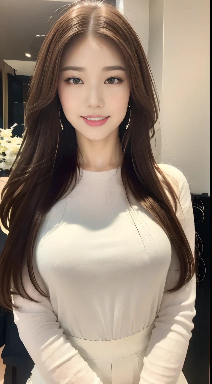 ((highest quality, 8k, masterpiece :1.3)), One girl, Open your mouth, Very attractive smile:1.2, Red lipstick:1.2,Slim face, Beautiful woman, Big Breasts:1.3, Highly detailed face, double eyelid, Blur the background, Slim face, city, sunny, null, nature,garden,hydrangea,looking at the camera,White loose blouse,Purple tight skirt,(masterpiece: 1.3), (Maximum resolution: 1.4), (Ultra high definition: 1.2), Cinematic Light, Ultra high definition, (Detailed eyesと肌), (Detailed facial features), 8k resolution, Perfect Style, Beautiful expression、Highly detailed face and skin texture、Detailed eyes、Glitter Eyeliner:1.2、Thin cheeks、((Pure white skin:1.4)),Glossy Lips:1.2、((Full Body Shot:1.2)),(Straight Hairstyles、Light brown hair)、One-length long hair、175cm,From above