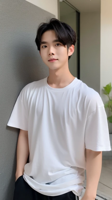 A white Thai man wearing an oversized black T-shirt with no pattern leans against a wall.