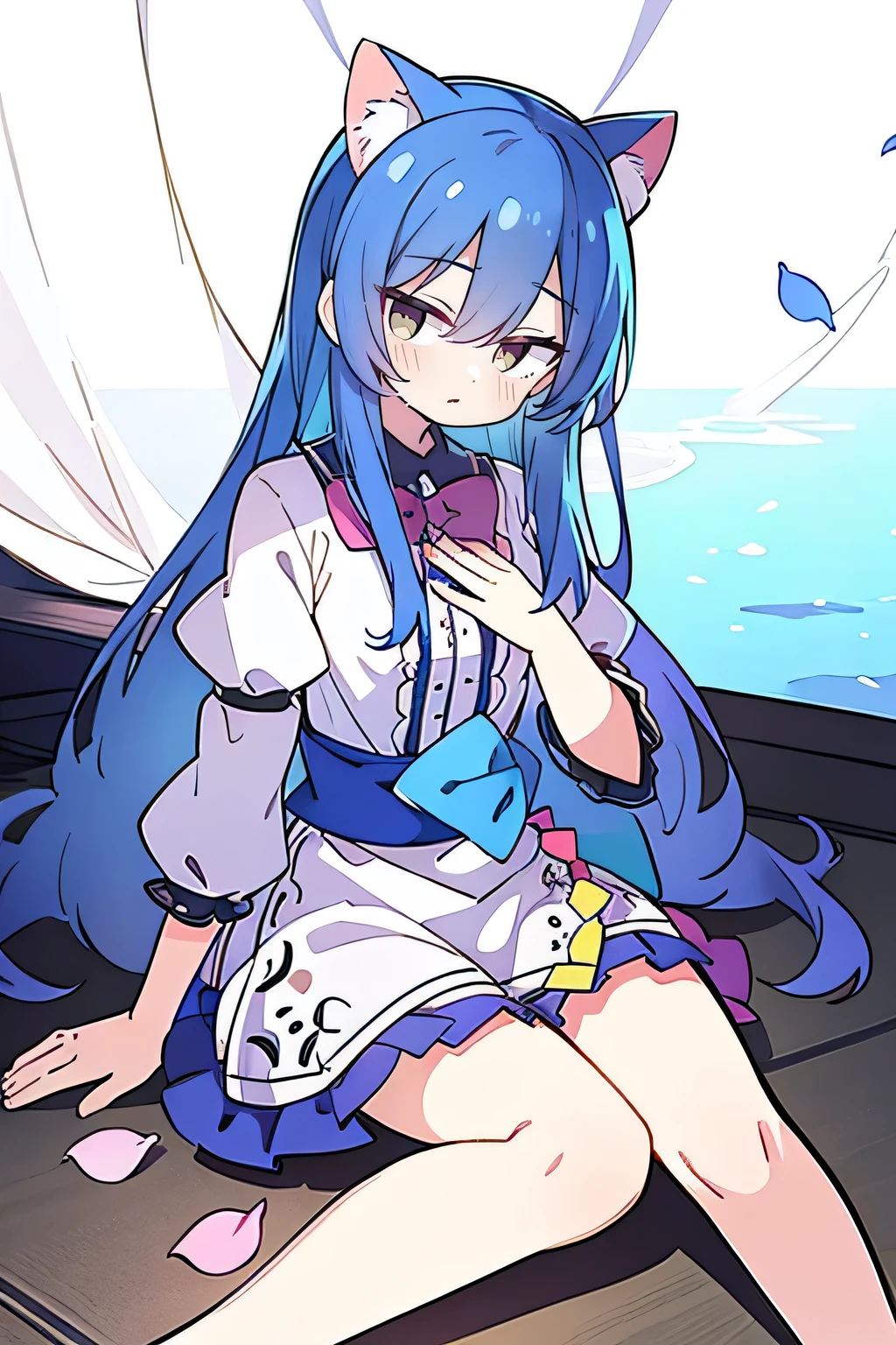 (masterpiece:1.2),ultra-detailed,realistic,expressive eyes,fair-skinned,perfectly shaped face,1girl,
Japanese cartoons,Gorgeous blue hair, flowing blue hair,floating clothes,cat ears,petals falling,beautiful Lola,Hina Angel,
hands on waist,gracefully sitting on the ground,legs crossed,gentle and serene background,cool and comfortable pavilion,shy face ,night .