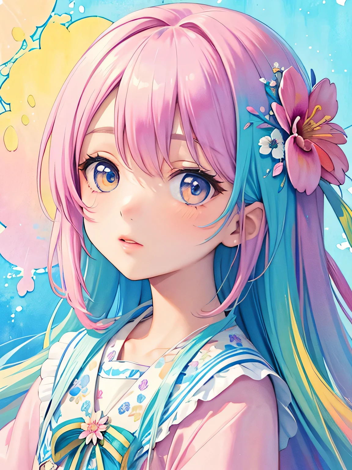Aikaze Yazawa、8K quality, Takashi murakami&#39;illustration of, intense watercolor, watercolor detailed art, watercolor splash, surreal, avant-garde pop art, Beautiful and expressive paintings, beautiful artwork illustration of, very colorful tones, wonderful, cool beauty, highest quality,official art, vector art,stylish design, ((most beautiful girl ever))), (((highest quality))), HDR, ((Detailed details)), (((graffiti art))), ((masterpiece))、((Super detailed))、(((colorful flowers)))、(((futuristic cityscape)))