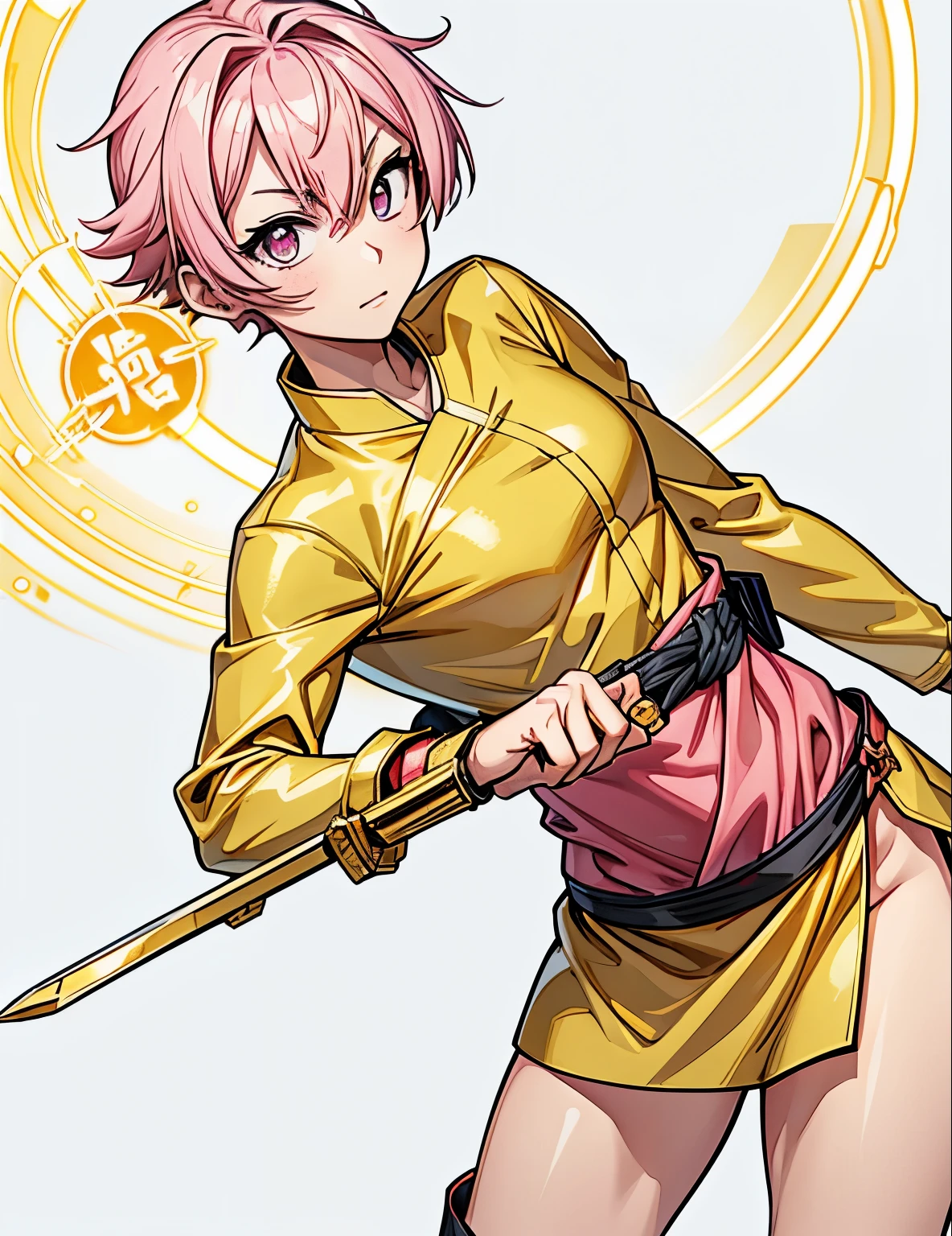 Hero。The motif is a barcode and the kanji character ten.。Color is gold。The part that touches the eyes is pink in color.、Make it slightly bright。Holding a golden gun-shaped weapon in his right hand。Gives a golden aura to the whole body。