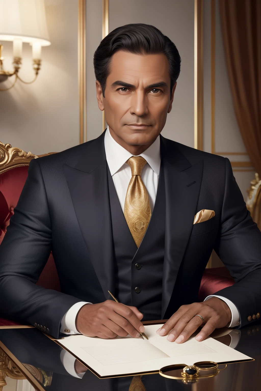 Creating a very large photo of a Millionaire:

A wealthy businessman, middle-aged, impeccably dressed in a tailored suit and tie, exudes confidence and success. (Portrait) (Detailed face: 1.3), Expressive eyes with deep-set lines, highlighting his wisdom and experience. Realistic skin texture, slightly tanned from exotic travels.

He stands in an opulent setting, surrounded by luxurious furnishings and high-end gadgets. Background without humans, Detailed, featuring rich, warm colors, symbolizing wealth and class.

The millionaire poses arrogantly, with one hand resting on a glass-topped table,