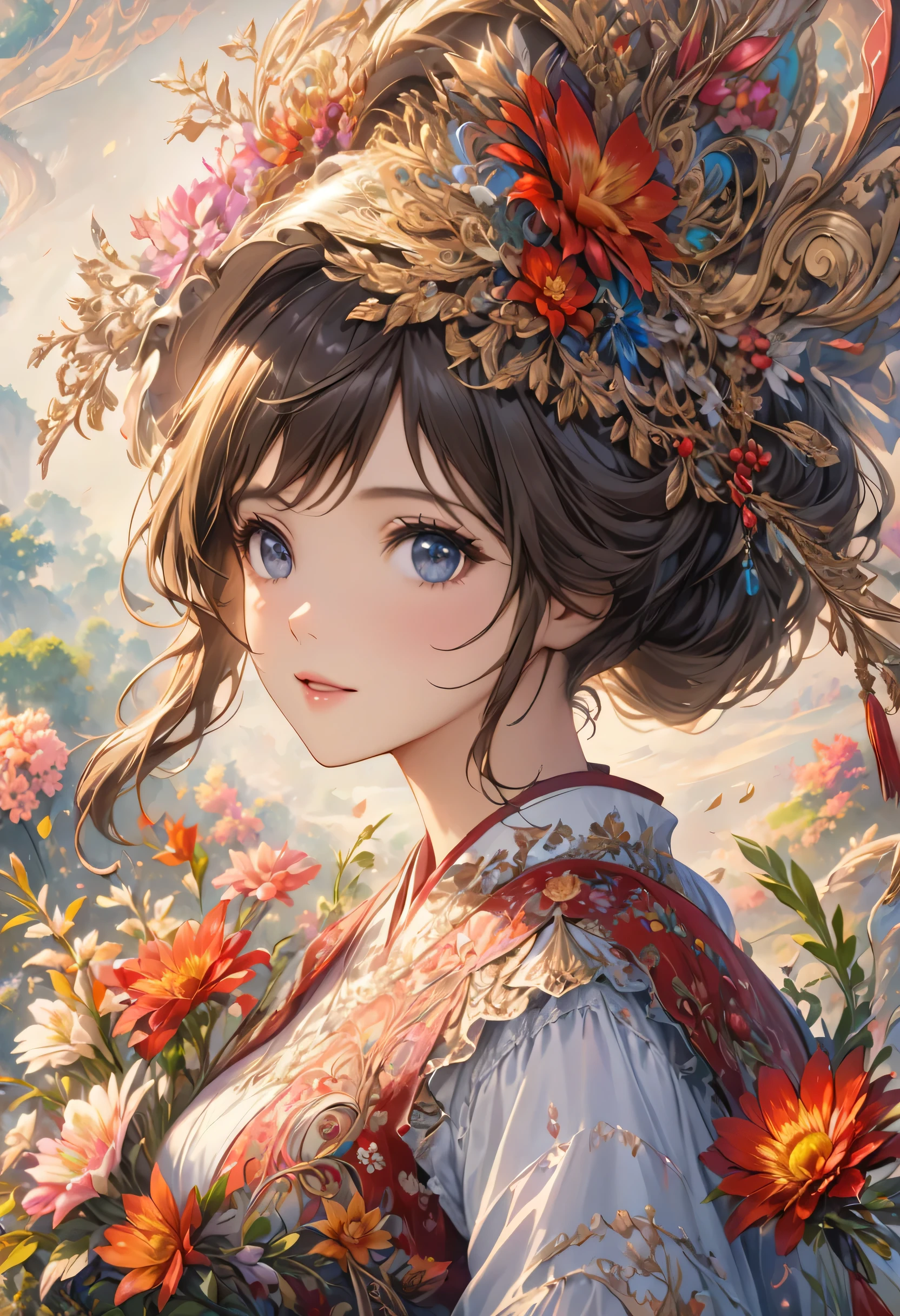 1 Girl,(masterpiece, top quality, best quality, official art, Beautiful and beautiful:1.2), (1 Girl), Extremely detailed,Flowers,(Fractal Art:1.3),rich and colorful,The most detailed,