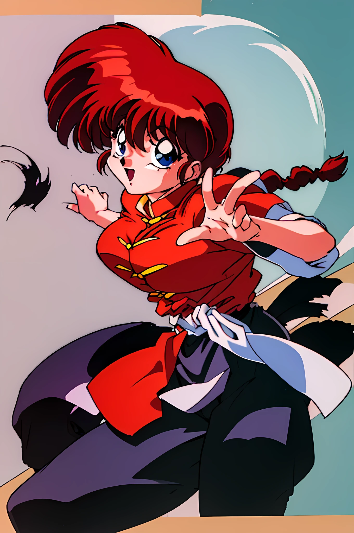 ((solo:1.52)),
1990s \(style\),retro artstyle,((RanmaChan:1.52)),ranma red shirt,black pants,
Dynamic Pose，