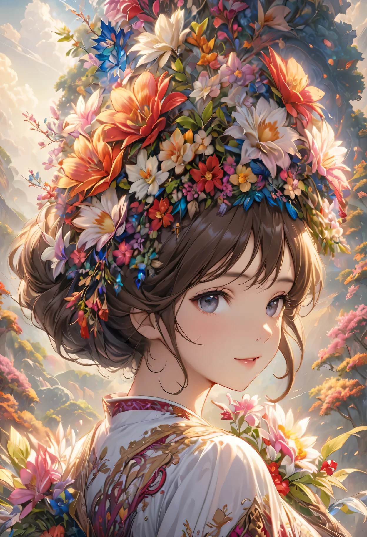 1 Girl,(masterpiece, top quality, best quality, official art, Beautiful and beautiful:1.2), (1 Girl), Extremely detailed,Flowers,(Fractal Art:1.3),rich and colorful,The most detailed,
