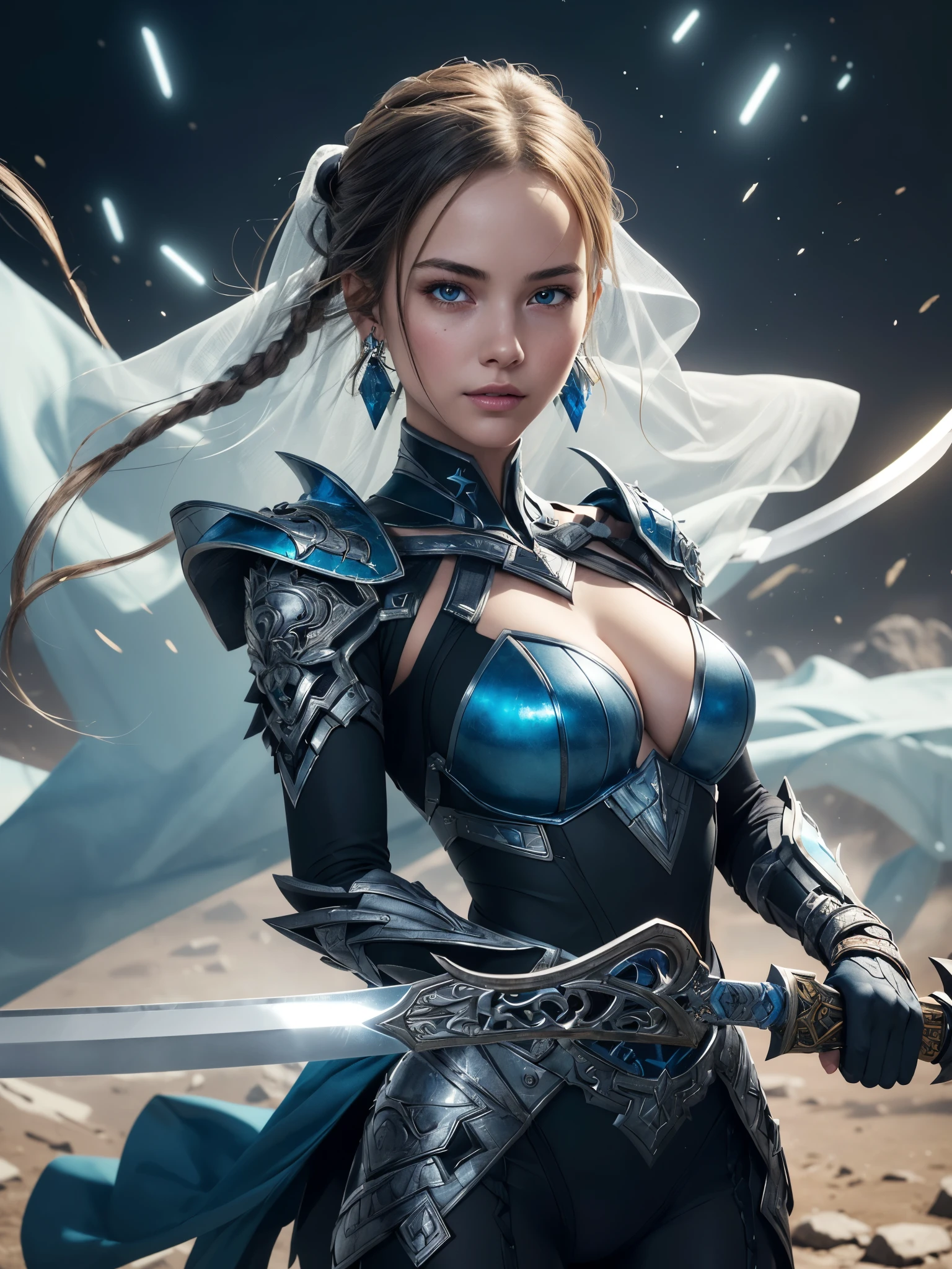 (girl holding legendary blade:1.4), BREAK, 1girl, in the center of composition, (holding glowing blade:1.4), detailed face, wind blast effect, windswept light particles, windswept hair, (super details intricate armor, super details intricate cluster statement earring, super details intricate pattern trimmed see-through veil:1.2), hair strands, ((best quality)), ((masterpiece)), (detailed), weapon, Vivid color contrast, Vivid colors, huge breasts,