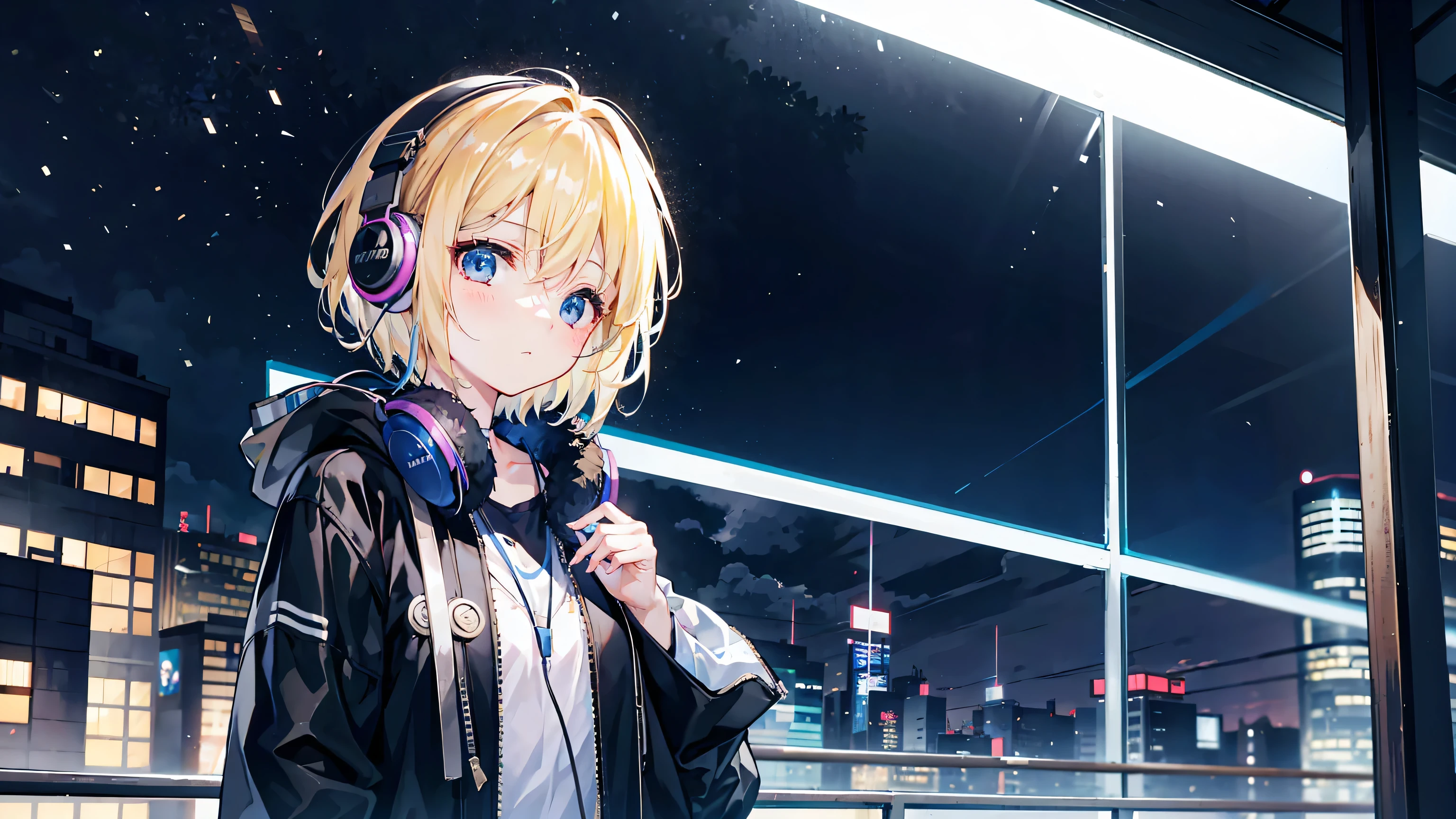 Girl listening to music with headphones、Stylish City of Night、Girl listening to headphones、City of night、Fashionable and emotional atmosphere、blonde、short hair