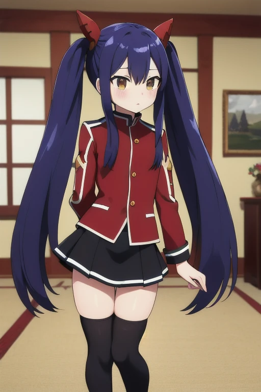 masterpiece, highest quality, High resolution, Arwendy, Long Hair, Twin tails, hair ornaments, , Yellow ribbon, Red jacket, Long sleeve, Black Skirt, Black knee socks, Are standing, Cowboy Shot, indoor, Arms at your sides,