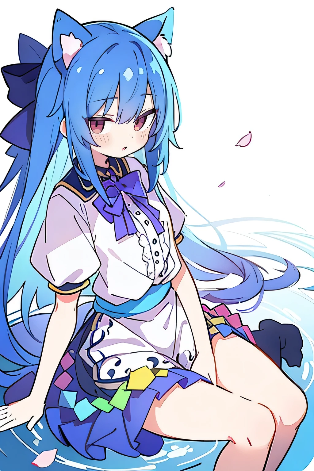 (masterpiece:1.2),ultra-detailed,realistic,expressive eyes,fair-skinned,perfectly shaped face,1girl,
Japanese cartoons,Gorgeous blue hair, flowing blue hair,floating clothes,cat ears,petals falling,beautiful Lola,Hina Angel,
hands on waist,gracefully sitting on the ground,legs crossed,gentle and serene background,cool and comfortable pavilion,shy face ,night .