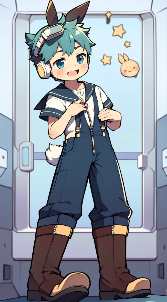 2D Boy Shota，Overalls，Slim, healthy body，Put the headphones on your head，stand up，goggles，Rabbit ears，happy，Sailor collar，tie，Zipper pulled down，boots，Charming
