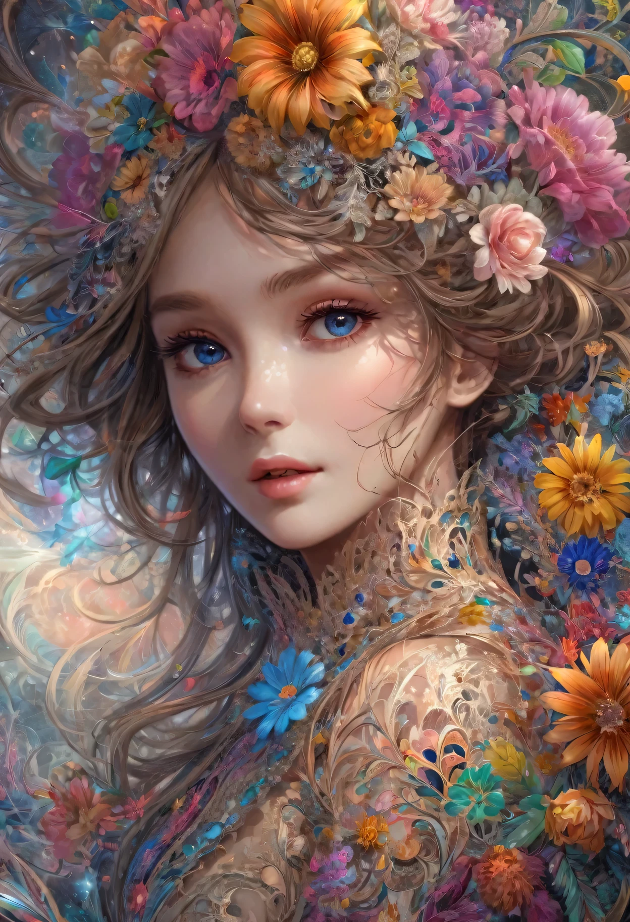 1 Girl,(masterpiece, top quality, best quality, official art, Beautiful and beautiful:1.2), (1 Girl), Extremely detailed,Flowers,(Fractal Art:1.3),rich and colorful,The most detailed,
